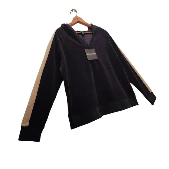 New 525 America Pullover Hoodie Navy Blue Oversized Velour Striped Sleeve Small - Picture 8 of 10